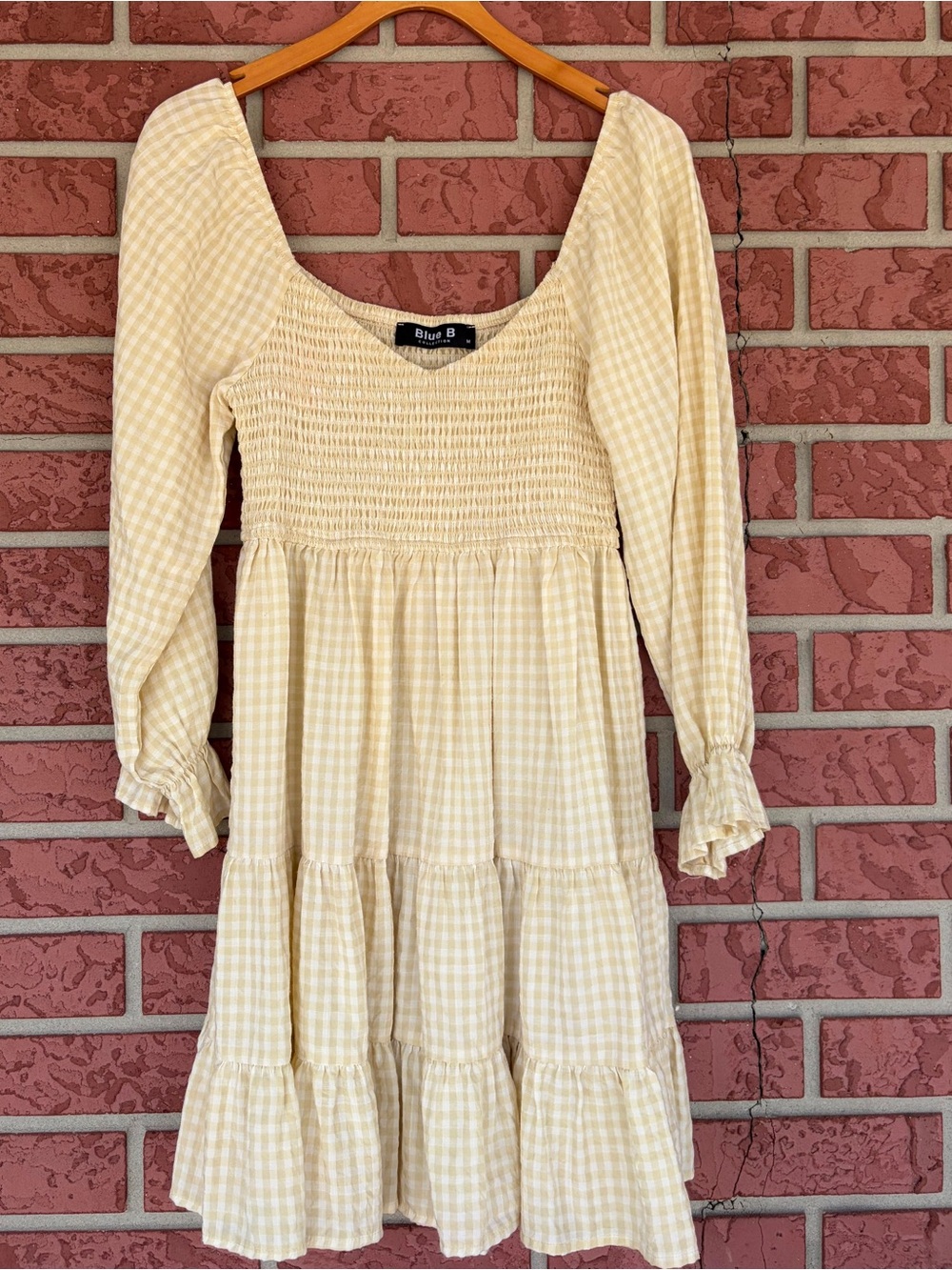 Blue B Yellow Gingham Smocked Long Sleeve Midi Dress